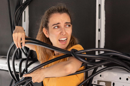Young woman with frustrated face having problems while rolling up in electrical wiring tubes while building her own camper vanの写真素材