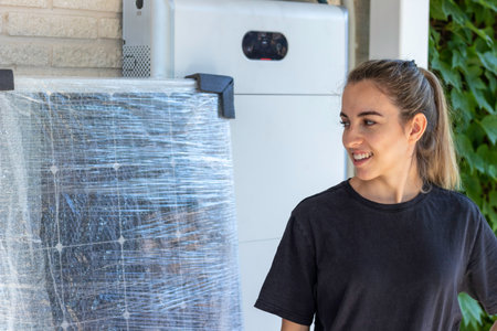 Young woman looking to the side in front of a new solar panel and batteries to be installed in a house for renewable energy sourceの写真素材