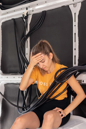 Vertical view of young woman worried about how to build and assemble the electricity wiring of the self-built camper van conversionの写真素材
