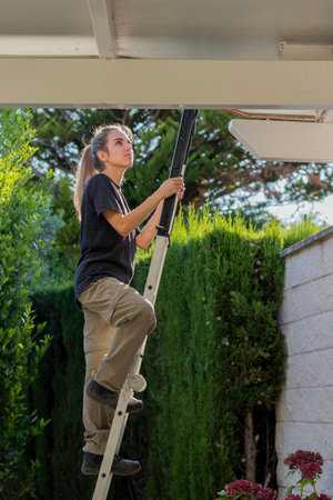 Vertical view of young woman working with security clothe on a ladder looking up with backlight in the garden outdoorsの写真素材
