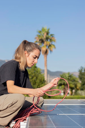 Vertical view of young woman engineer installing a solar photovoltaic panels on roof, alternative eco energy concept.の写真素材