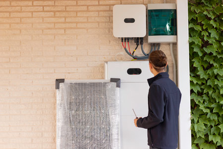 Back view of unrecognizable young man technician installing a solar system for renewable energy with solar panelの写真素材