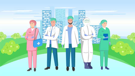 Vector illustration of a medical team on a city backgroundのイラスト素材