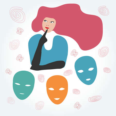 Vector illustration of a woman in thoughts and masks for the previous moodのイラスト素材