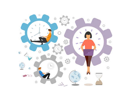 Vector illustration of a group of people working at a computer on the network, working in a team, learning at home. Internet userのイラスト素材