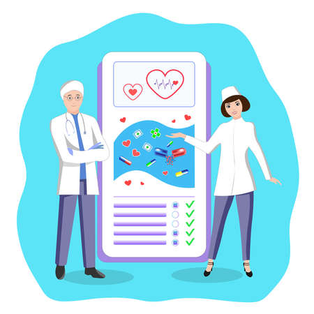 Vector illustration of a doctor and a nurse presenting a medical serviceのイラスト素材