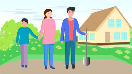 Vector illustration of a family on a garden plot against the background of a houseのイラスト素材