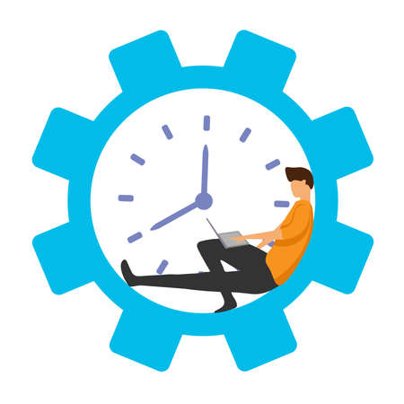 Vector illustration of a young person working at a computer in a network, teamwork, studentのイラスト素材