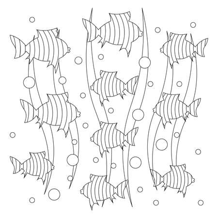 Vector illustration of aquarium and sea fish in black and white for coloringのイラスト素材