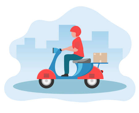 Vector illustration of a motorcycle courier riding on the roadのイラスト素材