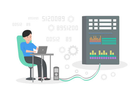 Vector illustration of a programmer working with a server.のイラスト素材