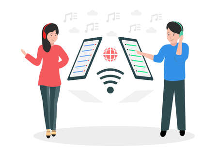 Vector illustration of a girl and a guy listening to music on the Internet.のイラスト素材