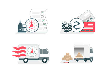 Vector illustration set. Online food delivery service, online order tracking, home and office delivery. Delivery by car. Delivery. Ordering food.のイラスト素材