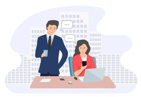 Vector illustration of business employees, men and women, talking about business processes in the office.のイラスト素材