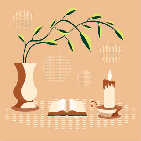 Vector illustration of a table with a book, a candle and a jug with a plant. On dark background.のイラスト素材