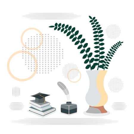 Vector illustration of a jug with a plant, inkwells with a pen and a book. Cap of a graduate student.のイラスト素材