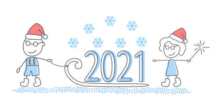 Vector illustration for the new year 2021. Banner, postcard man and woman, sleigh and snowflakes. Santa Claus and holiday.のイラスト素材