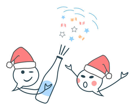 Vector illustration for the new year 2021. Banner, postcard man and woman, smiley face and a bottle of champagne. Santa Claus fun and celebration.のイラスト素材