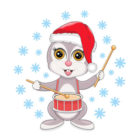 Vector illustration of a rabbit in a Santa Claus hat with gifts and snowflakes on a white background. Christmas, New Year.のイラスト素材