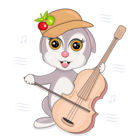 Isolated vector illustration of a rabbit in a cap playing the double bass. isolated on a white background.のイラスト素材