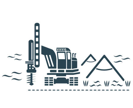 Vector illustration, tractor and drilling rig. Geology. construction industry. isolated on a white background.のイラスト素材