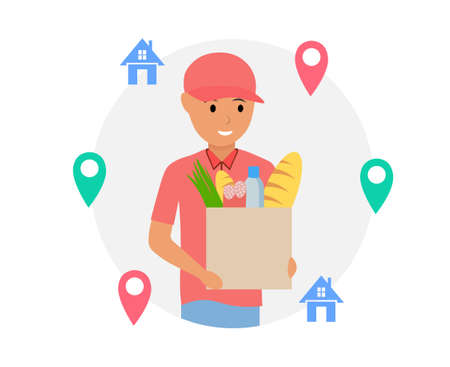 vector illustration. Online food delivery service, online order tracking, home and office delivery. isolated on a white background.のイラスト素材