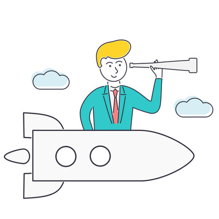 Vector illustration of a man flying on a rocket to achieve and goal. success and leadership.のイラスト素材
