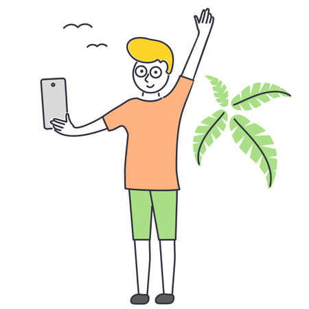 Vector illustration of a guy standing with a backpack and a drink. tourism and tourismのイラスト素材