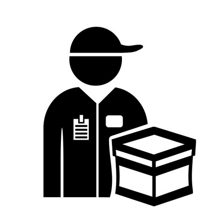 Vector illustration, web icon of a person with courier delivery. Package, box. flat design. isolated on a white background.のイラスト素材