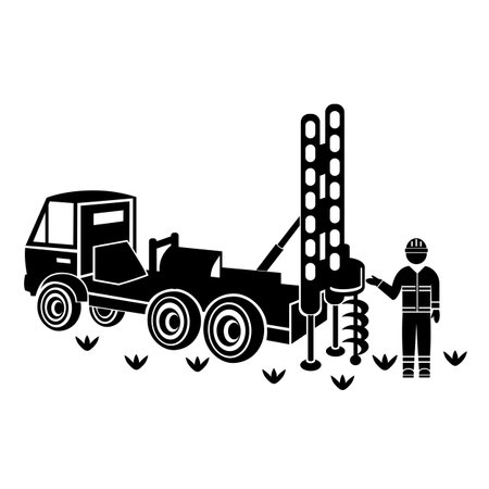 Vector illustration, icon of the car and drilling rig. construction industry. isolated on a white background.のイラスト素材
