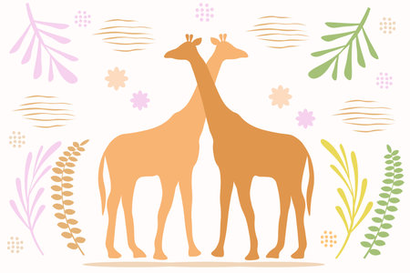 Vector illustration of an abstract plant background and two giraffesのイラスト素材