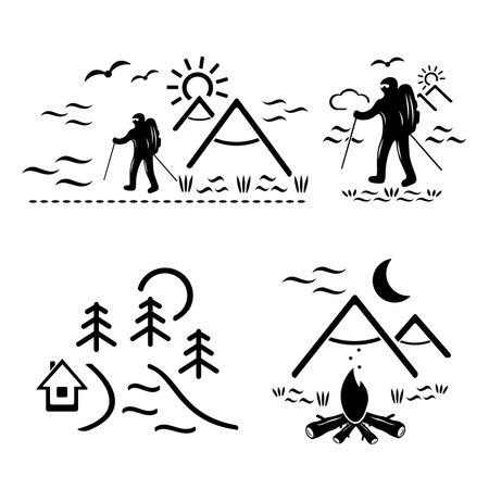 A set of vector illustrations, logos, icons for travel and leisure. tourism and camping.のイラスト素材