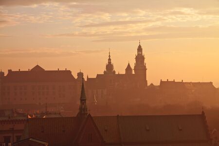 Wawel hill with castle in Krakow at sunsetのeditorial素材