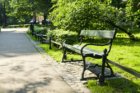 Bench in green park with path way in Krakowの写真素材