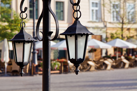 Town market cafe in Cracow with lanternsの写真素材