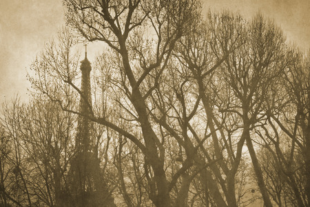 Vintage retro old styled paris sepia photography with eiffel towerの写真素材
