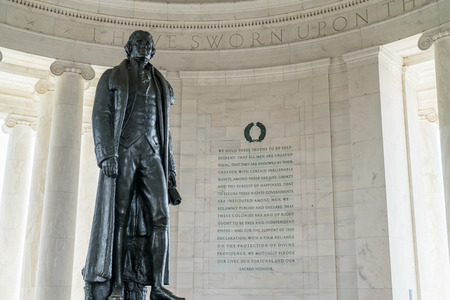 Statue of Thomas Jefferson with inscription from the Declaration of Independence inside the Jefferson Memorial in Washington DCのeditorial素材