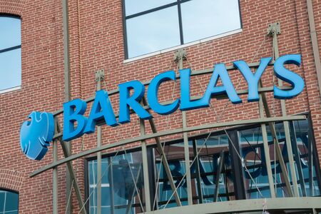 Wilmington, Delaware, USA - April 24, 2016: Sign above the entrance to a branch of Barclays Bank in Wilmington Delaware.のeditorial素材