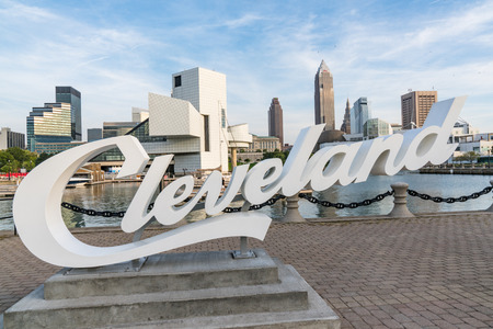 CLEVELAND - SEPTEMBER 16:  Cleveland sign, Rock and Roll Hall of Fame and Cleveland, Ohio skyline from the harbor walkwayのeditorial素材