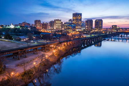 Richmond,Virginia night city skyline along the James River.の写真素材
