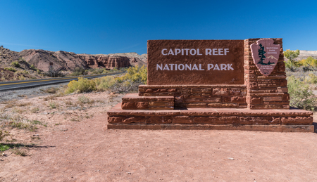 TORREY, UT - OCTOBER, 16 2017: Sign at the entrance to Capitol Reef National Park, Utahのeditorial素材