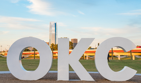 Skyline of Oklahoma City, OK with OKC signのeditorial素材