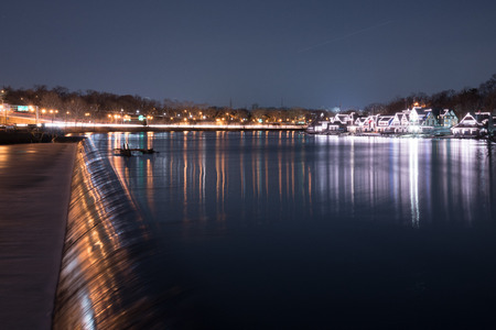 Philadelphia Boathouse Row at night along the falls of the Schuylkill Riverのeditorial素材