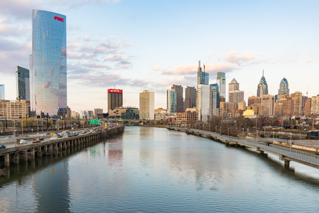 PHILADELPHIA, PA - MARCH 10, 2018: Philadelphia city skyline along the Schuylkill River from the South Street Bridgeのeditorial素材