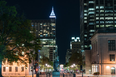 RALEIGH, NC - APRIL 17, 2018: George Washington Statue and Downtown Raleigh, North Carolina on Fayetteville Street from the Capitol Building at nightのeditorial素材