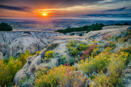 Sunrise over Badlands National Park, South Dakotaの写真素材
