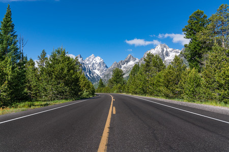 Road in Grand Teton National Park near Jackson, Wyomingの写真素材
