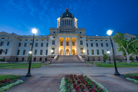 Facade of South Dakota Capital Building in Pierre, SD at nightの写真素材