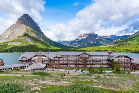 MANY GLACIER, MT - JUNE 30, 2018: Many Glacier Lodge on the shores of Swift Current Lake in Glacier National Park, Montanaのeditorial素材