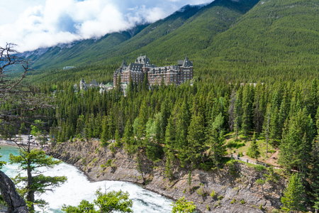 BANFF, CANADA - JULY 2, 2018: The historic Banff Springs Fairmont Hotel built in 1888, overlooks the Bow Riverのeditorial素材